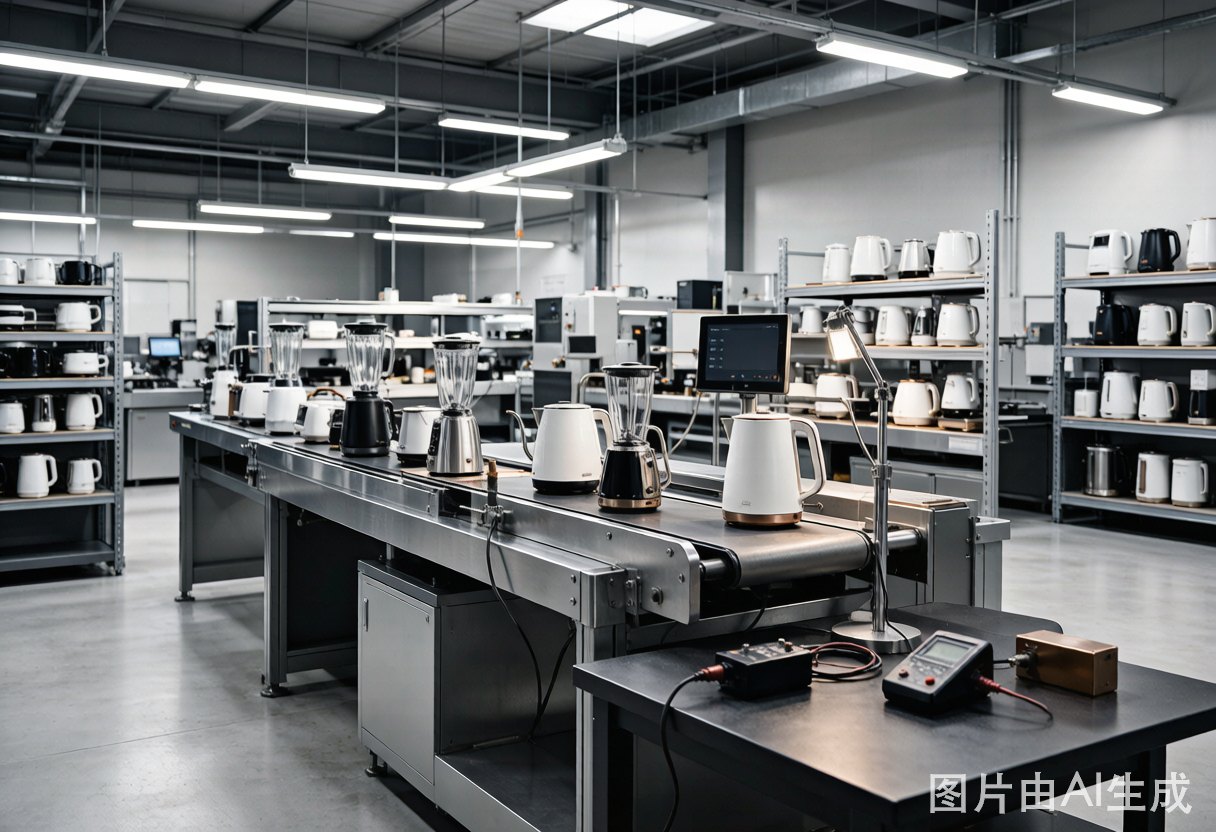 Small appliance production line in a Shunde factory with finished units moving along the conveyor under workshop lighting